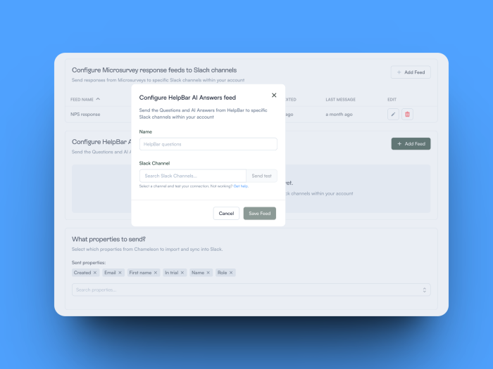 The Chameleon dashboard's dialog for configuring a new HelpBar AI Answers feed, with fields for feed name and Slack channel.