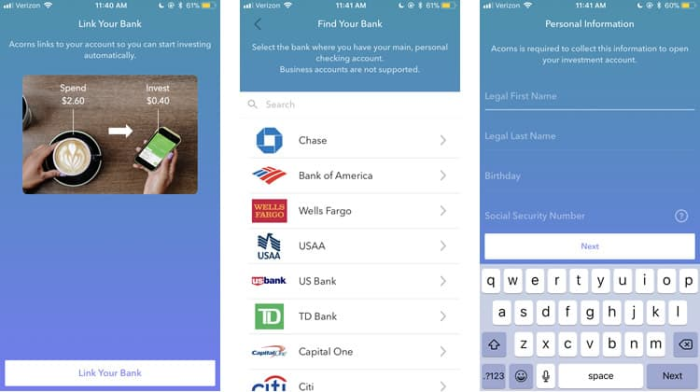 Three screens of the Acorns mobile app onboarding flow: linking a bank account, selecting a bank, and entering personal information.