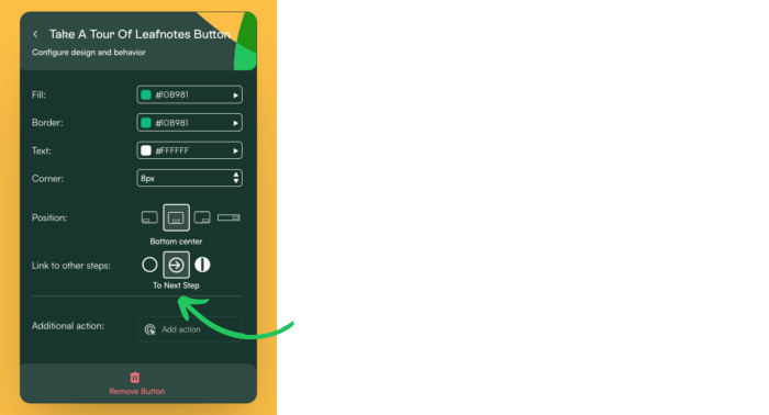Chameleon Builder button configuration panel with 'Link to other steps' set to 'To Next Step', with an arrow pointing to the Additional action field.