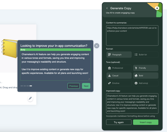 The Chameleon Builder's AI content generation panel showing controls for source content, output format, and tone, alongside a tour step preview displaying the generated copy.