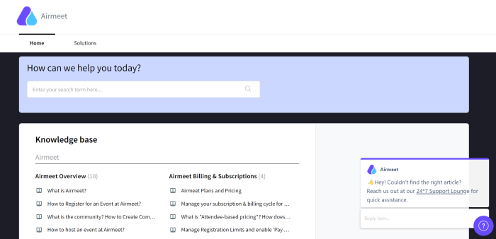 A screenshot of Airmeet's help center