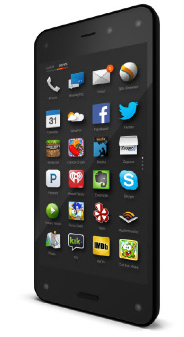 The Amazon Fire Phone displaying its home screen with app icons.