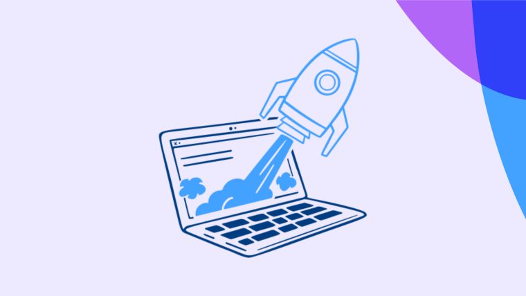 An illustration of a rocket launching out of a laptop screen