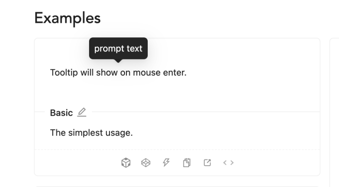 The Ant Design tooltip component demo, showing a dark tooltip with 'prompt text' displayed above a trigger element labeled 'Tooltip will show on mouse enter.'