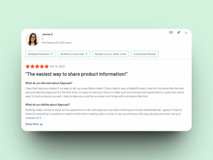 A 5-star G2 review praising Appcues for its ease of setup and use.
