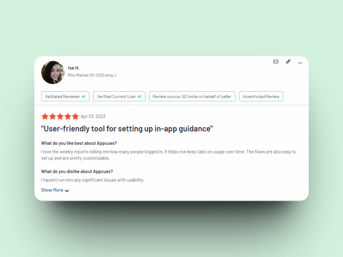 A 5-star G2 review of Appcues praising its ease of use for setting up in-app guidance flows.