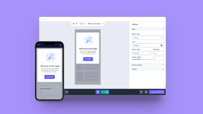 The Appcues mobile experience builder showing a welcome onboarding modal in an iPhone 13 Pro Max preview, with button styling controls in the right panel.