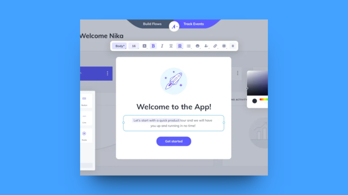 The Appcues flow builder editing a welcome onboarding modal, with a component sidebar and rich text toolbar visible alongside the step preview.
