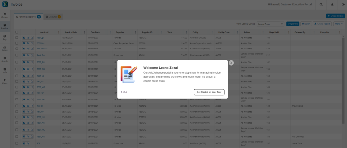 The first step of a Chameleon onboarding tour on the AvidXchange Customer Education Portal, introducing the portal's capabilities to a new user