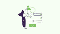 An illustration of a person reviewing a web form with a magnifying glass, with required-field asterisks on several inputs and a green submit button.