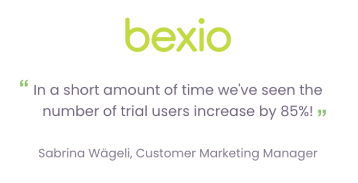 A Bexio customer quote about rapid trial user growth, from Sabrina Wägeli, Customer Marketing Manager.