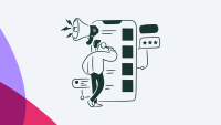 An illustration of a person holding a megaphone next to a mobile app screen, with a star-rating speech bubble and a notification callout.