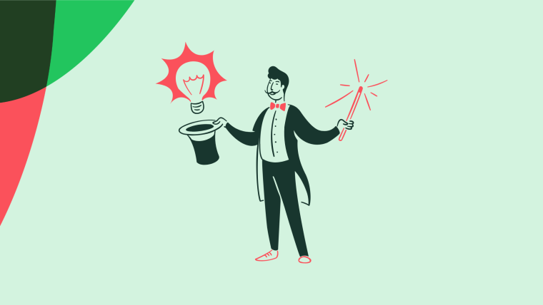 An illustration of a magician holding a top hat with a glowing lightbulb floating above it and a sparkling magic wand.