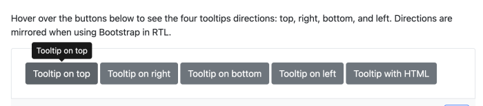 Bootstrap tooltip demo showing four directional tooltip buttons (top, right, bottom, left) and a fifth for HTML options, with a dark tooltip active above the first button.