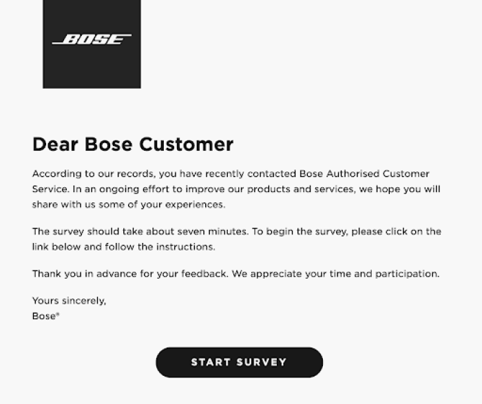 A Bose customer satisfaction survey asking recipients to share their recent customer service experience, with a 'Start Survey' button.