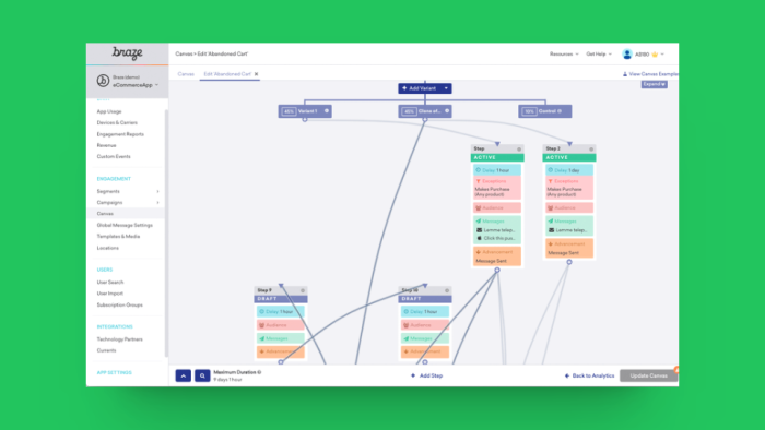 The Braze Canvas editor showing an abandoned cart campaign workflow with a three-way variant split and multiple active and draft steps, including delays, audience targeting, and message nodes.