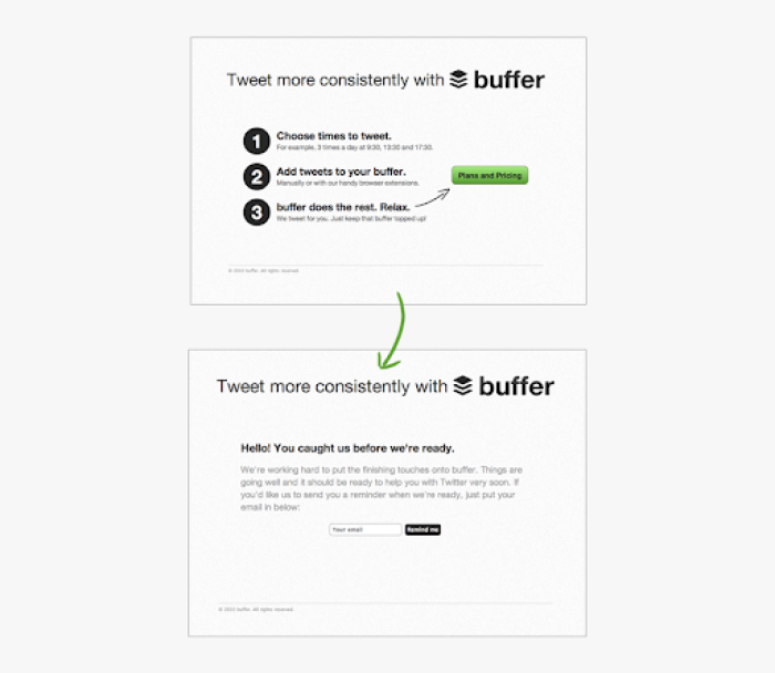 A two-panel diagram showing Buffer's fake door test: clicking the Plans and Pricing CTA on the main page leads to a coming soon email-capture page.