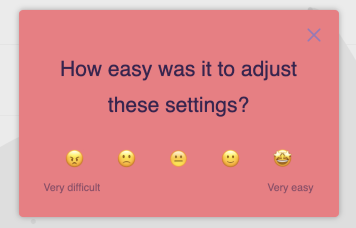 A Chameleon microsurvey asking 'How easy was it to adjust these settings?' with five emoji responses scaled from very difficult to very easy