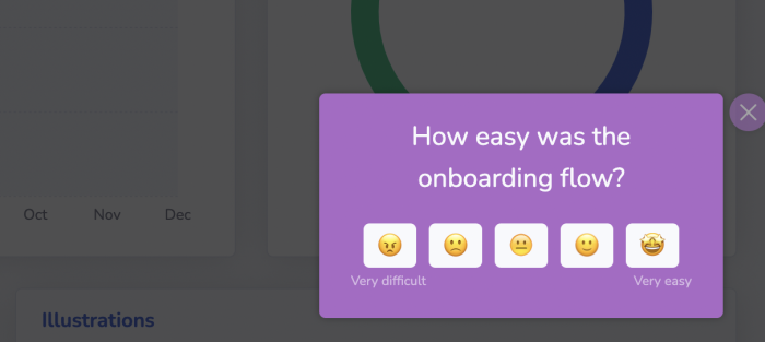 A Chameleon Customer Effort Score microsurvey with a five-point emoji response scale, overlaying a product dashboard.