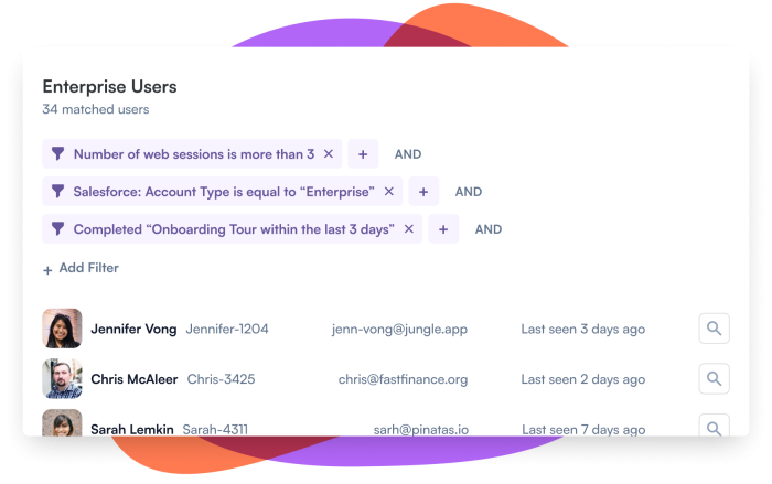 A user segmentation dashboard categorizing enterprise users to tailor onboarding flows and guiding them to their 'aha!' moment