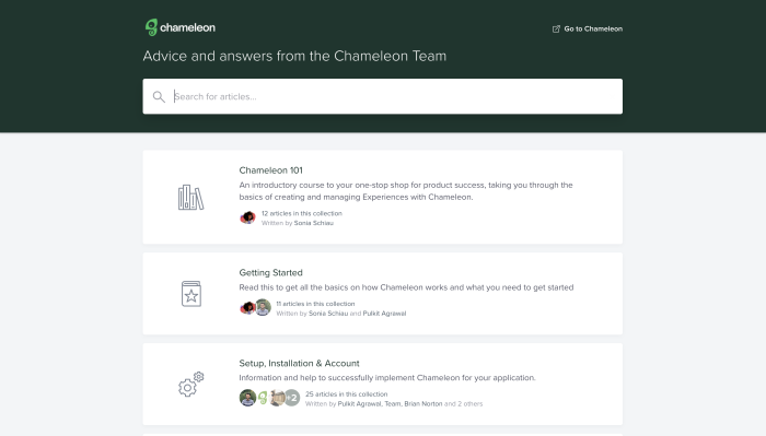 A screenshot of Chameleon's help center