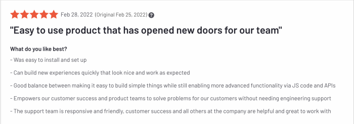 A five-star G2 review of Chameleon praising ease of setup, quick experience building, and team empowerment without engineering support.