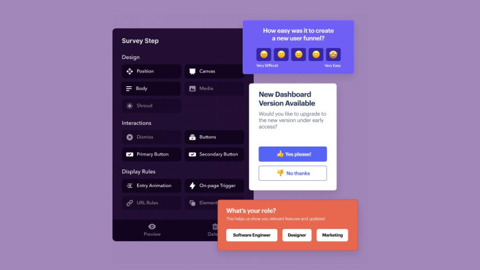 Chameleon Builder Survey Step panel beside three example Microsurveys: an emoji satisfaction scale, an upgrade prompt, and a role-selection survey.