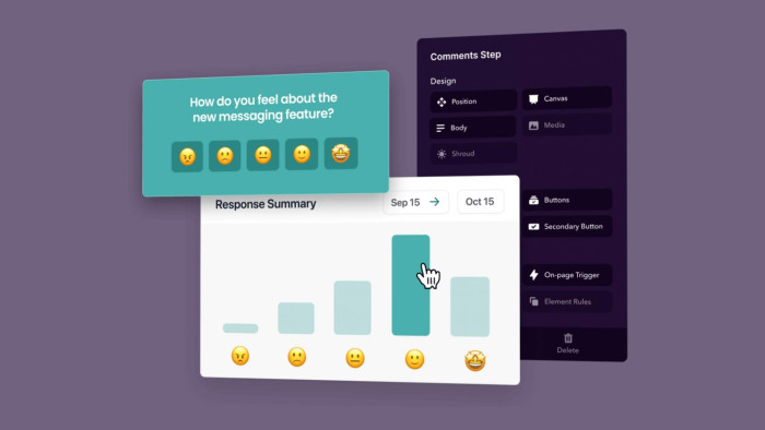 A Chameleon microsurvey with an emoji reaction scale asking for feature feedback, alongside a response summary bar chart and the Builder's design panel.