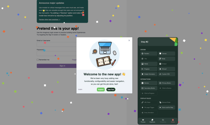 The Chameleon Builder showing a tour step with a welcome announcement and confetti delight animation, alongside the step's design and interaction settings panel.