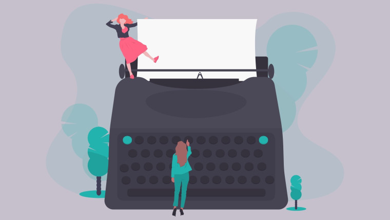 An illustration of two figures interacting with an oversized typewriter
