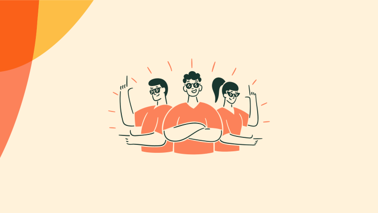 An illustration of three figures in matching orange shirts posed confidently — the center one with arms crossed and radial lines around them, the two flanking figures each raising an index finger.