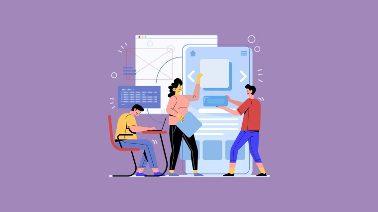 An illustration of a team collaborating to build a digital product interface