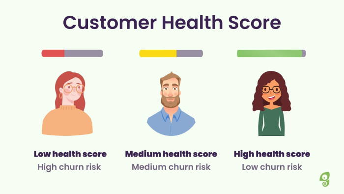 Customer health score diagram with three tiers — low (high churn risk), medium (medium churn risk), and high (low churn risk) — each with a color-coded progress bar and illustrated avatar.