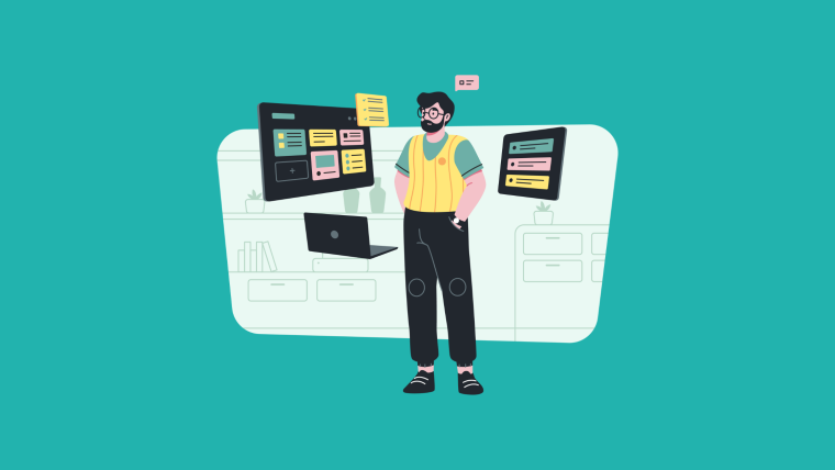 An illustration of a professional standing in a workspace in front of task boards with colorful cards, with a laptop on a desk