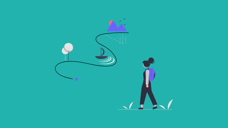 An illustrated journey metaphor showing a person with a backpack walking a winding path past trees and a lake with a sailboat, leading toward distant mountains.
