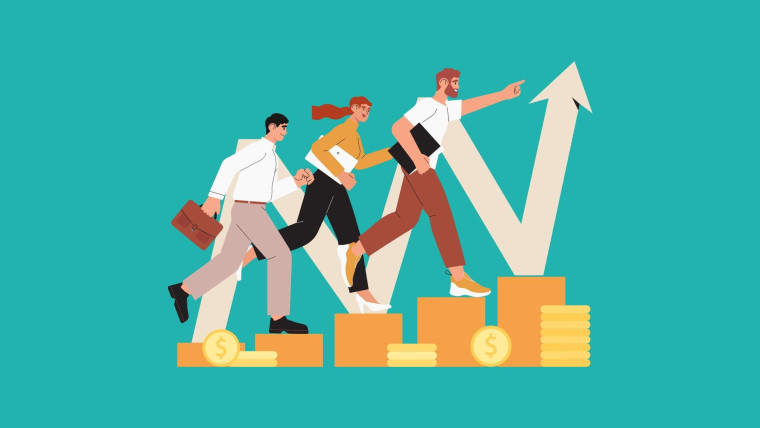 A flat illustration of three business professionals striding upward across stacked gold coins in front of an upward-trending arrow chart.