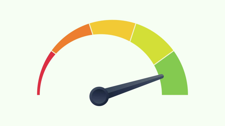 A gauge dial with segments ranging from red through orange, yellow, and green, with the needle pointing toward the high end of the green zone.