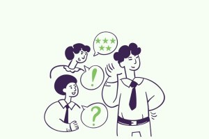 An illustration of three people in conversation, with speech bubbles containing a star rating, an exclamation point, and a question mark.