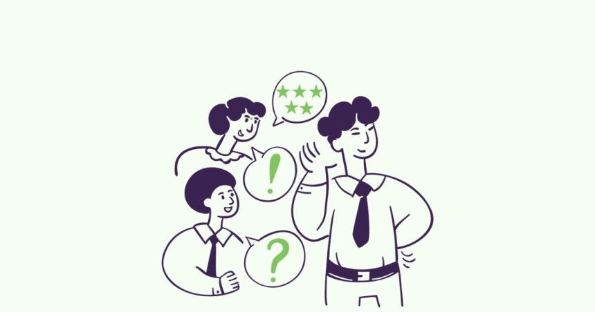 An illustration of three people in conversation, with speech bubbles containing a star rating, an exclamation point, and a question mark.