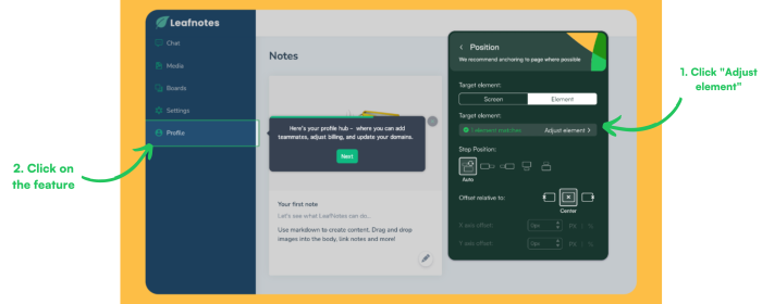 The Chameleon Builder's Position panel showing element targeting controls, with a tour step preview on a fictional product and arrows annotating the two-step configuration process.