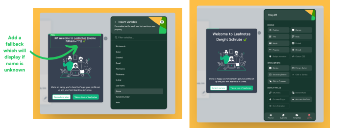 Chameleon Builder side-by-side: on the left, the Insert Variable picker open with a name variable and fallback syntax in a step's title field; on the right, the Step #1 property panel with a rendered preview of the personalized tour step.