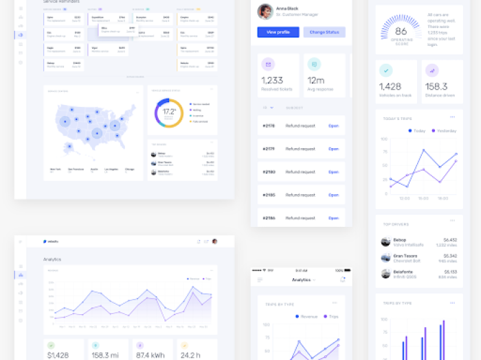 A showcase of dashboard UI kit components including service management, user profile, and analytics screen mockups.