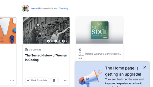 A Degreed in-app Microsurvey inviting users to opt in to a homepage redesign, with buttons to switch to the new experience or wait.