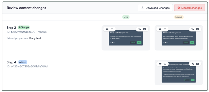 The Chameleon 'Review content changes' panel showing two tour steps with edits, and a highlighted 'Discard changes' button in the top-right corner.