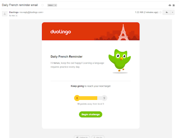 A Duolingo daily reminder email with a personalized greeting, level-progress bar, and a 'Begin challenge' CTA.