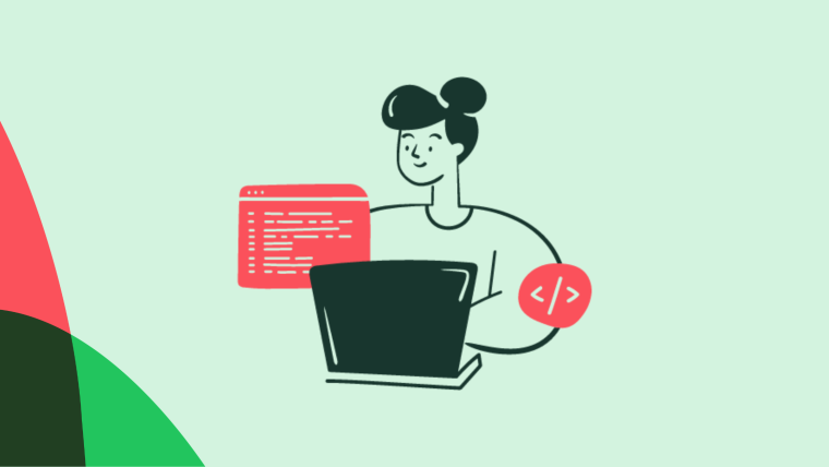An illustrated developer at a laptop with a floating code editor window and a code-tag icon badge.