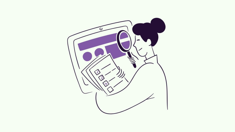 An illustration of a person holding a magnifying glass up to a dashboard screen displaying abstract purple metric shapes, while carrying a clipboard checklist with mixed checked and unchecked results.