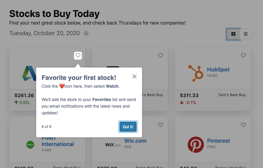 A tour step on The Motley Fool's stock-listing page prompting users to favorite their first stock