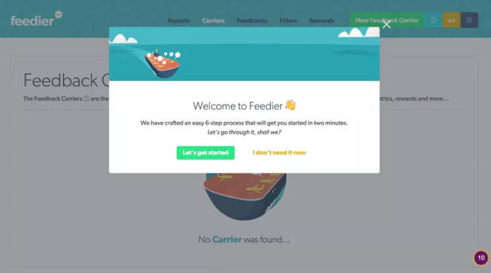 Feedier's in-app welcome announcement guiding new users to begin onboarding