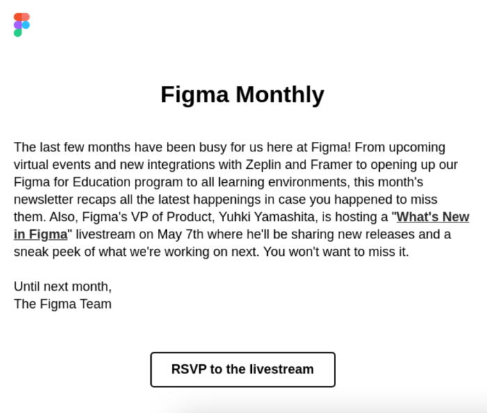 A Figma Monthly newsletter email with product update copy and an 'RSVP to the livestream' call-to-action button.